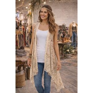 A Rare Bird Womens Open Knit Lace Duster Vest Beige High Low One Size NWT
